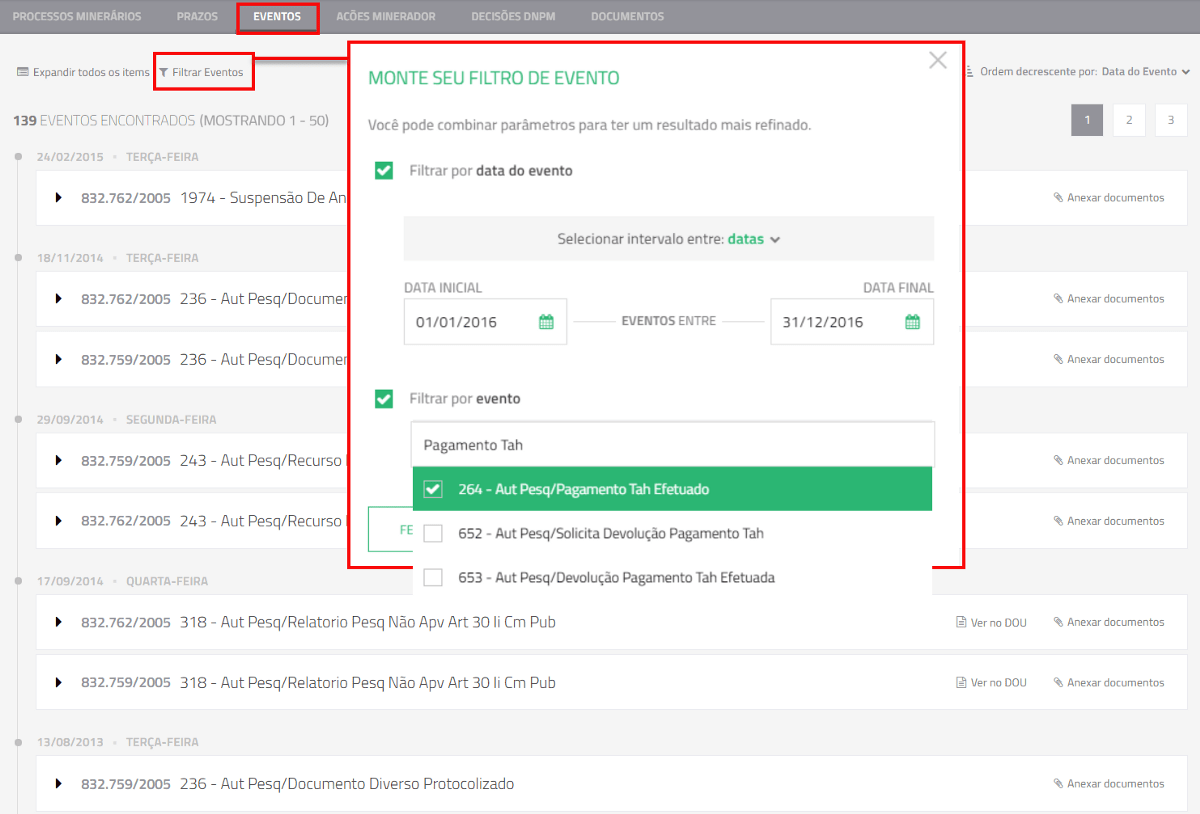 Seu histórico de eventos