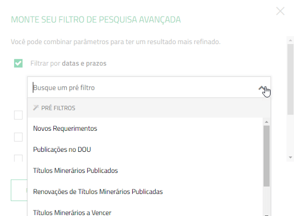 Filtrar por pesquisas/status Jazida