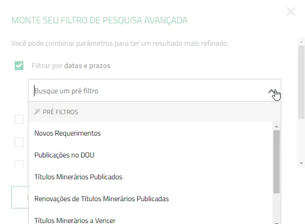 Filtrar por pesquisas/status Jazida